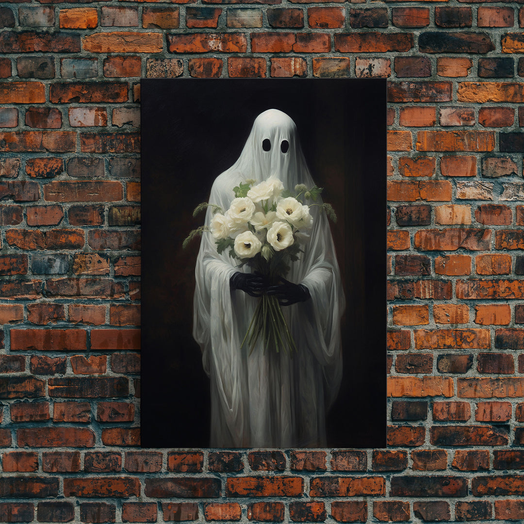 The Ghost With The Flowers, Halloween Canvas Print, Framed Canvas, Unique Wall Art, Goth Art, Dark Academia, Witch Art, Witchcraft