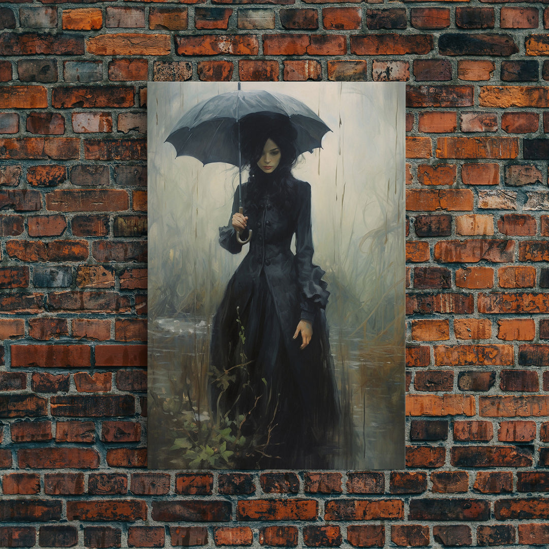 Victorian Witch In The Rain, Halloween Decor, Framed Canvas Print, Halloween Poster Art, Victorian Oil Painting, Goth Decor