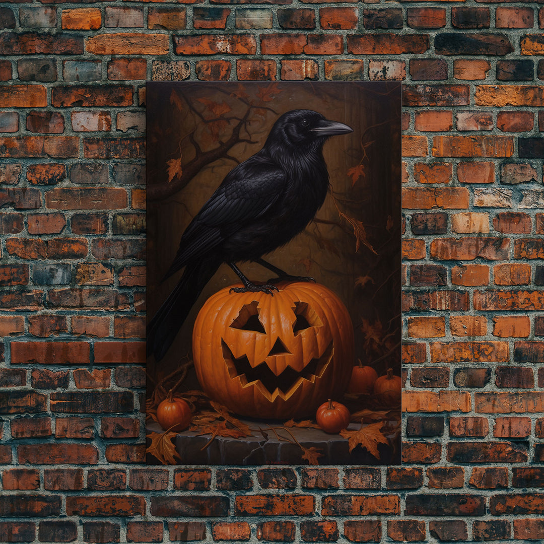 Crow Atop A Jack O Lantern, Framed Canvas Print, Halloween Decor, Raven Painting, Victorian Oil Painting Print, Macabre Horror Print