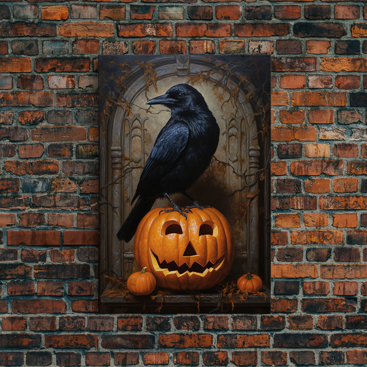 Macabre Crow Atop A Jack O Lantern, Framed Canvas Print, Halloween Decor, Raven Painting, Victorian Oil Painting Print, Macabre Horror Print