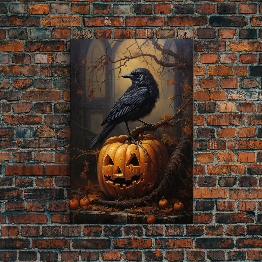 Raven Atop A Jack O Lantern, Framed Canvas Print, Halloween Decor, Raven Painting, Victorian Oil Painting Print, Macabre Horror, Witch Art