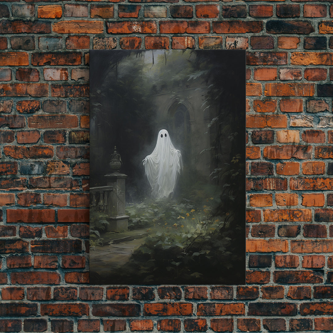 The Ghost In The Garden, Halloween Canvas Print, Framed Canvas Art, Halloween Decor, Dark Academia, Horror Prints, Oil Painting