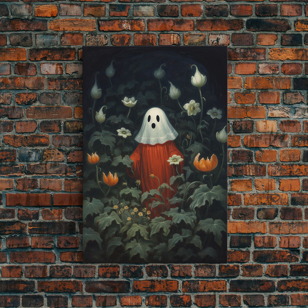 The Ghost In The Flower Garden, Halloween Canvas Print, Framed Canvas Art, Halloween Decor, Dark Academia, Horror Prints, Oil Painting