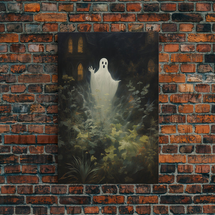 The Waving Ghost In The Garden, Halloween Canvas Print, Framed Canvas Art, Halloween Decor, Dark Academia, Horror Prints, Oil Painting