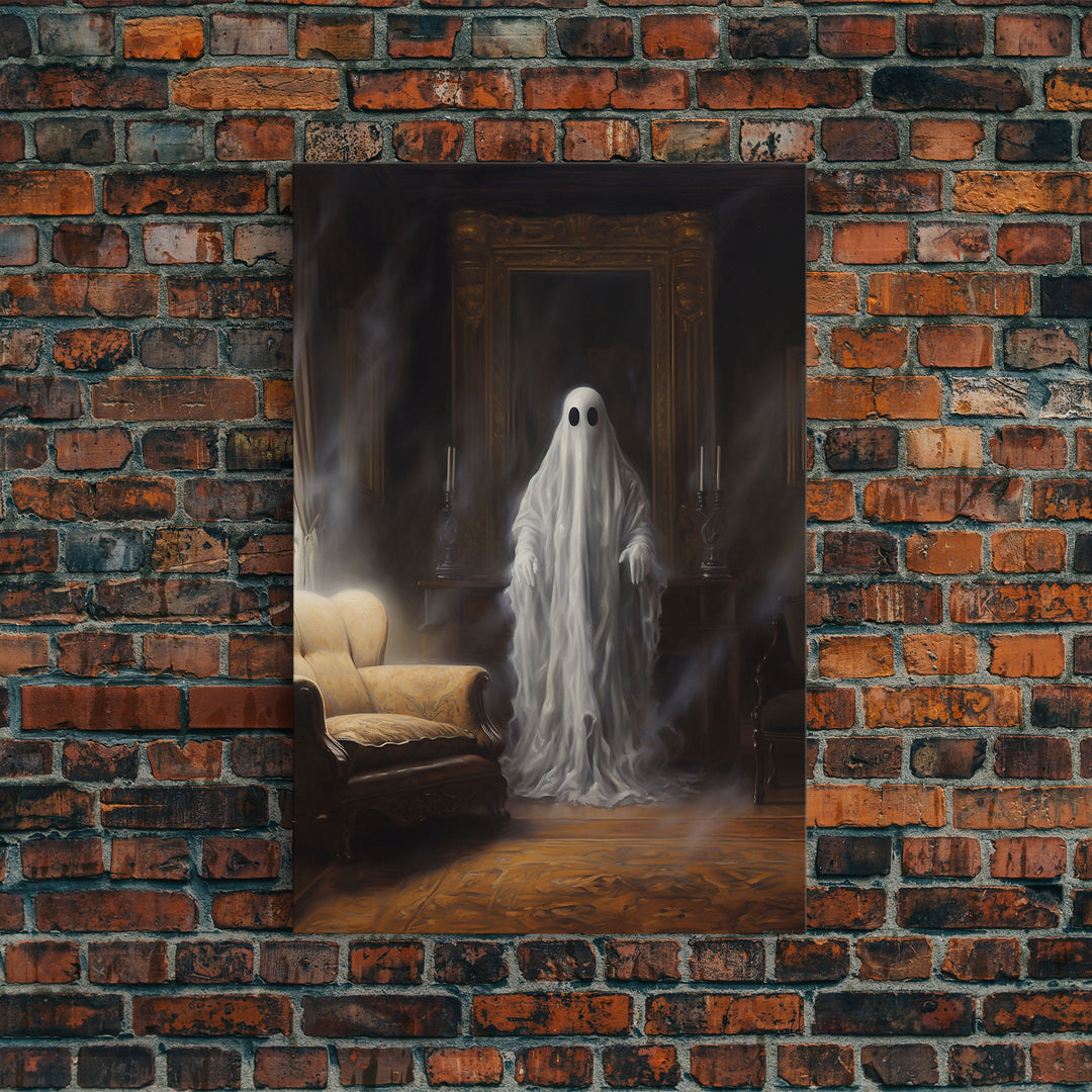 The Ghost In The Mirror, Ghost Print, Framed Canvas, Halloween Canvas Print, Horror Print, Macabre Dark Academia Wall Art