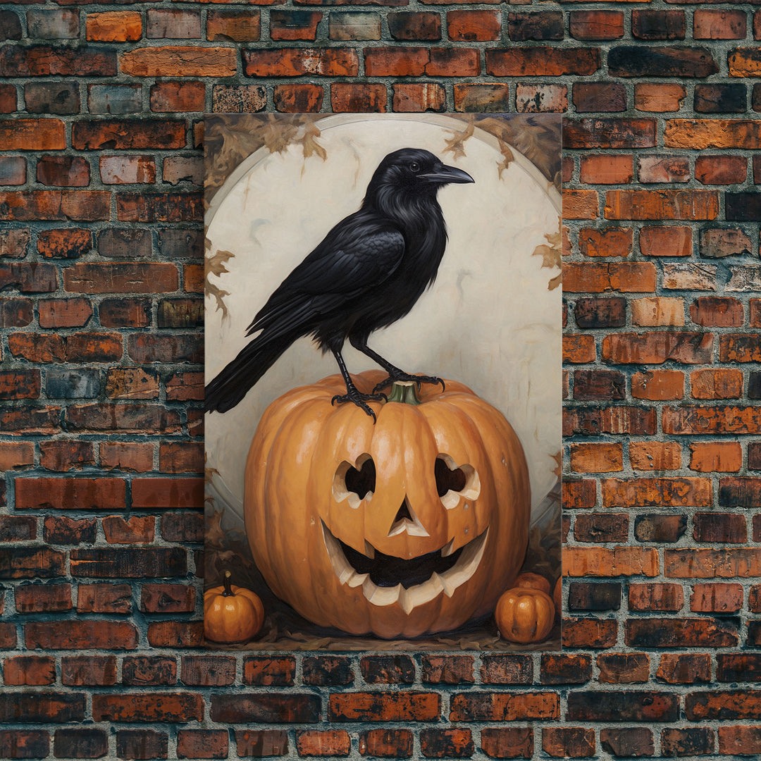 Vintage Halloween Crow Print, Raven On A Jack O Lantern Oil Painting Framed Canvas Print, Retro Halloween Wall Art, Macabre Art