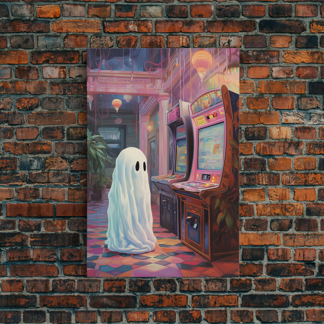 Cute Little Boo, The Phantom Of The Arcade, Vaporwave Style Halloween Decor, Vintage Halloween, Retro Vibes Horror Print, Ghost Art