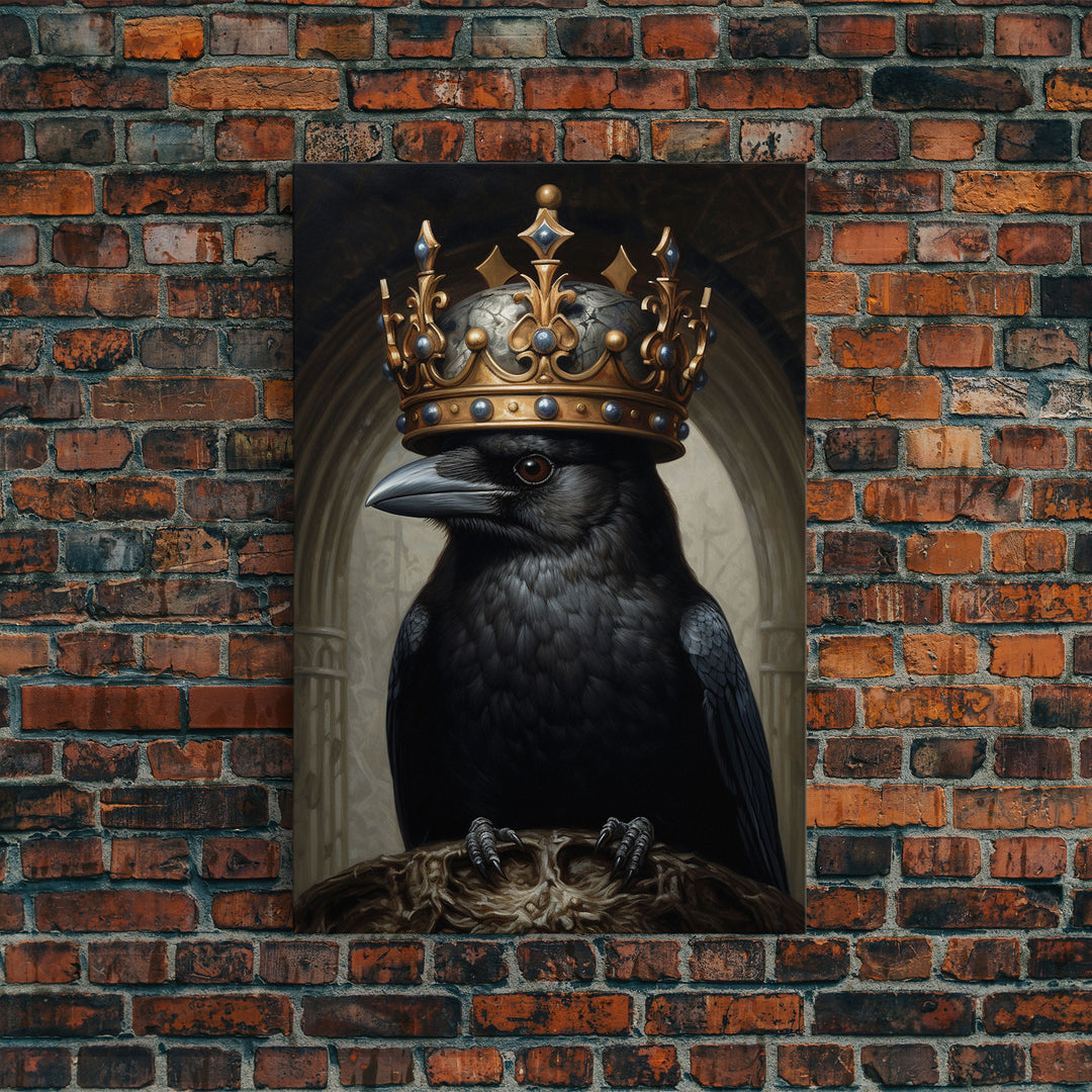 King Of The Ravens, Dark Academia, Gothic Decor, Witch's Familiar, Framed Canvas Print or Canvas, Crow Portrait, Halloween Decor Art