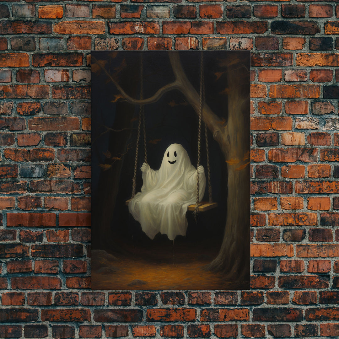 The Happy Playground Ghost, Funny Halloween, Vintage Halloween Canvas, Framed Canvas Print, Cute Wall Art, Ghost On A Swing, Macabre Art