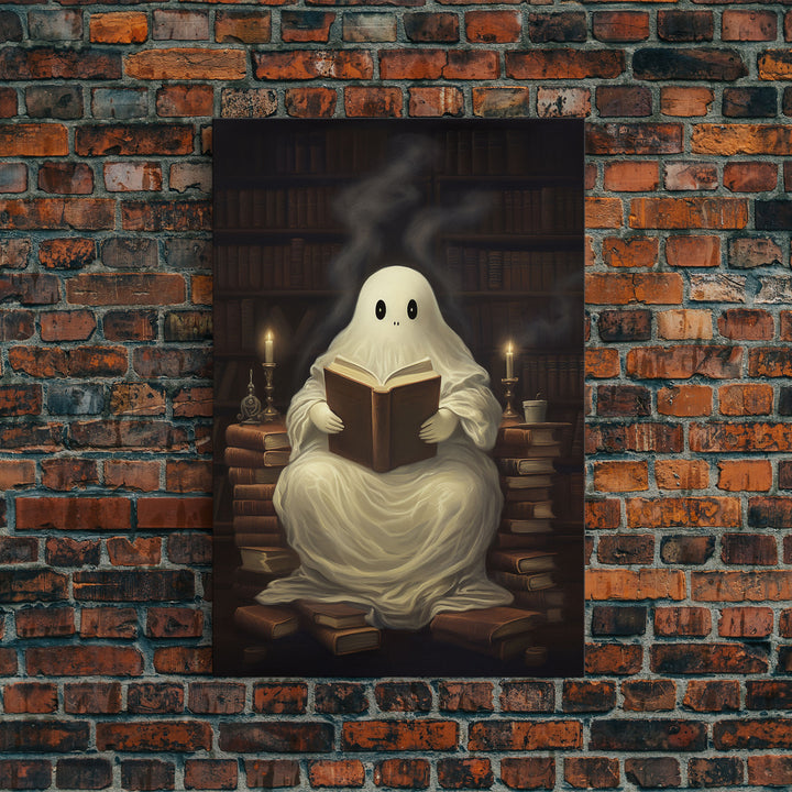 The Reading Ghost, Victorian Halloween Art, Funny Halloween, Framed Canvas, Halloween Canvas Art, Macabre Goth Art