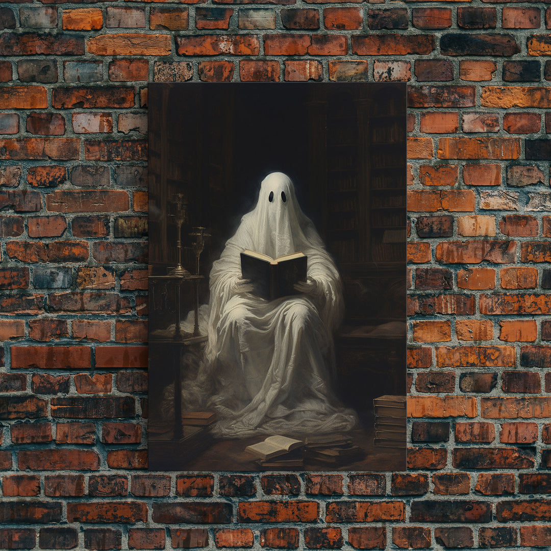 The Reading Ghost, Victorian Halloween Art, Funny Halloween, Framed Canvas, Halloween Canvas Art, Macabre Goth Art