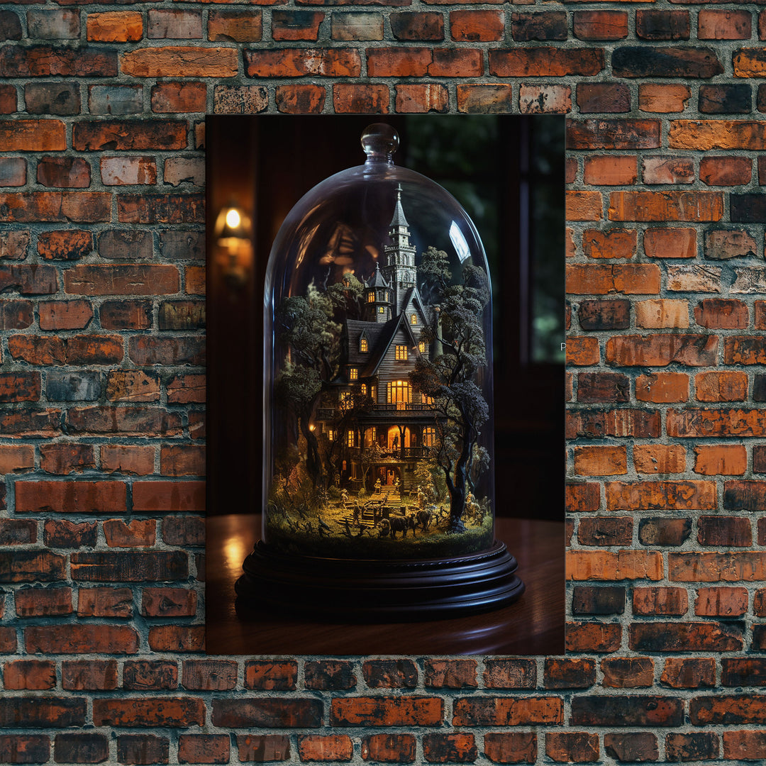 Halloween Snowglobe Art, Framed Canvas Print, Haunted Victorian Mansion In A Bubble, Tiny Worlds, Mini Worlds Art, Vintage Halloween Art