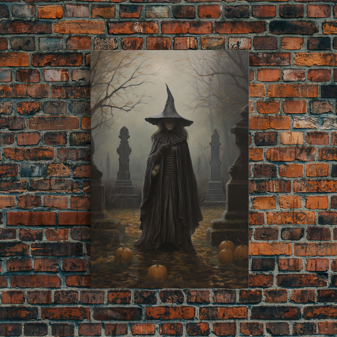 The Witch In The Cemetary, Vintage Halloween Witch Art, Halloween Canvas Printed / Framed Canvas, Witchy Decor, Witchcraft, Dark Academia