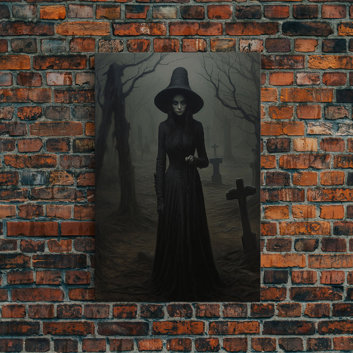 The Witch In The Cemetary, Vintage Halloween Witch Art, Halloween Canvas Printed / Framed Canvas, Witchy Decor, Witchcraft, Dark Academia