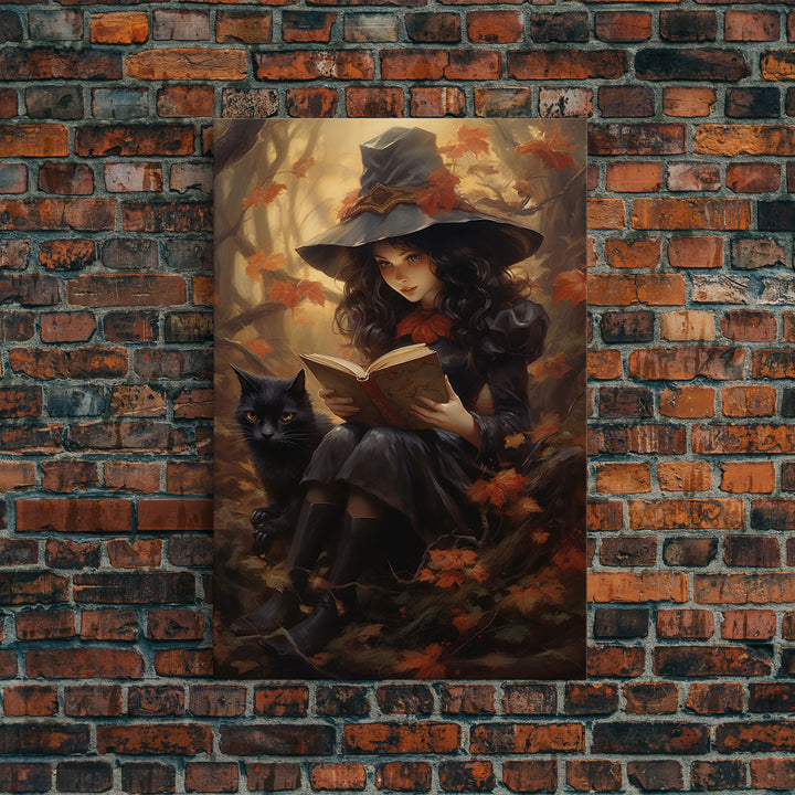 Cute Little Witch Reading Spells To Her Black Cat Familiar, Vintage Halloween Art, Framed Canvas Print, Halloween Canvas Art, Witchcraft