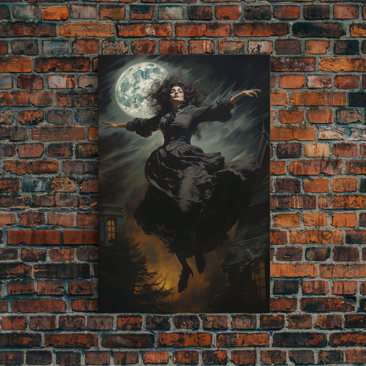 The Wicked Witch, Halloween Canvas, Framed Canvas Print, Spooky Gothic Oil Painting, Witch Flying Through The Air Against A Full Moon, Witch