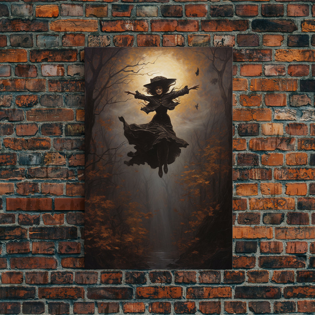 The Wicked Witch, Halloween Canvas, Framed Canvas Print, Spooky Gothic Oil Painting, Witch Flying Through The Air Against A Full Moon, Witch