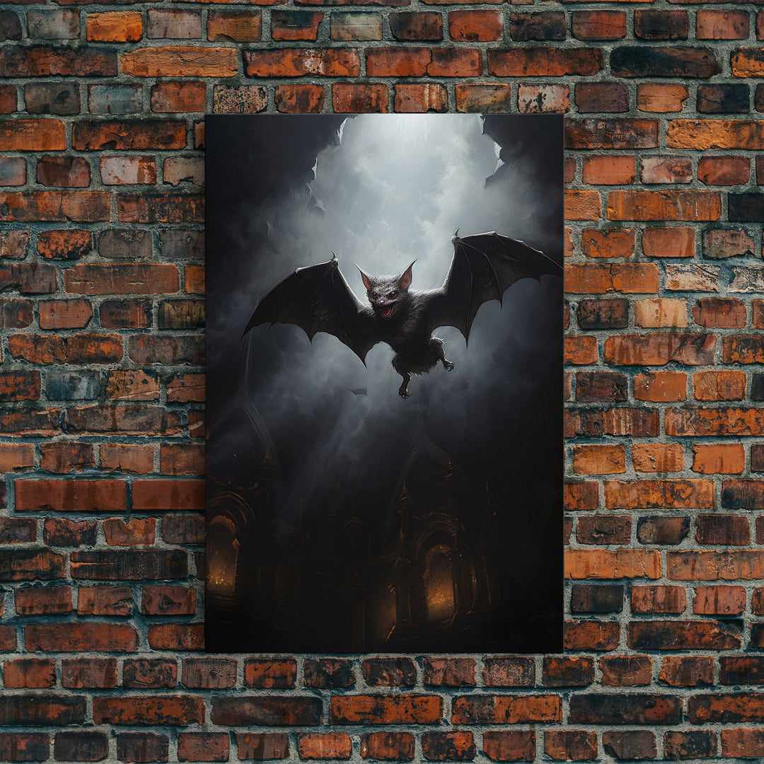 Vampire Bat In The Night, Art Canvas Print, Dark Academia, Halloween Bat Print, Halloween Decor, Monster Print, Macabre Art