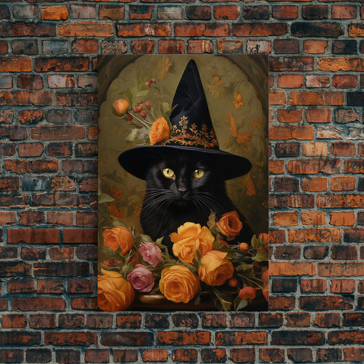 Cute Witch's Familiar Cat Halloween Art, Cat Witch, Cat Painting, Cute Cat Print, Halloween Decor, Black Cat Print, Framed Canvas / Canvas