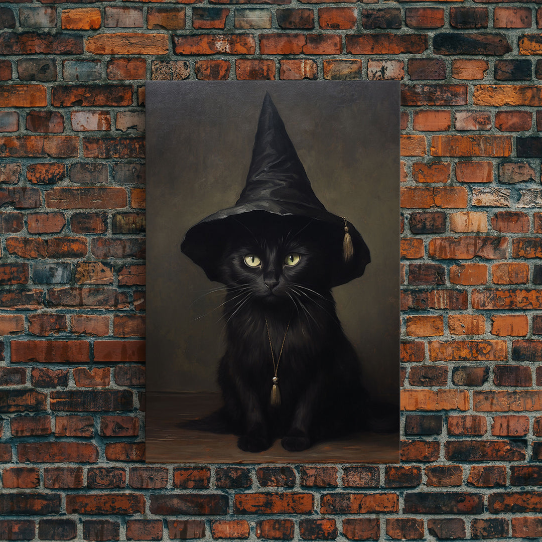 Cute Witch's Familiar Cat Halloween Art, Cat Witch, Cat Painting, Cute Cat Print, Halloween Decor, Black Cat Print, Framed Canvas / Canvas