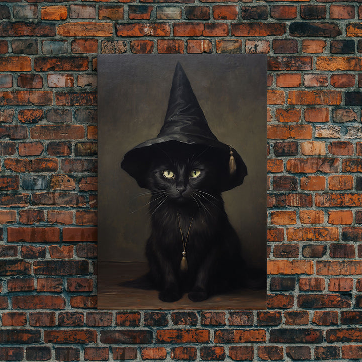 Cute Witch's Familiar Cat Halloween Art, Cat Witch, Cat Painting, Cute Cat Print, Halloween Decor, Black Cat Print, Framed Canvas / Canvas