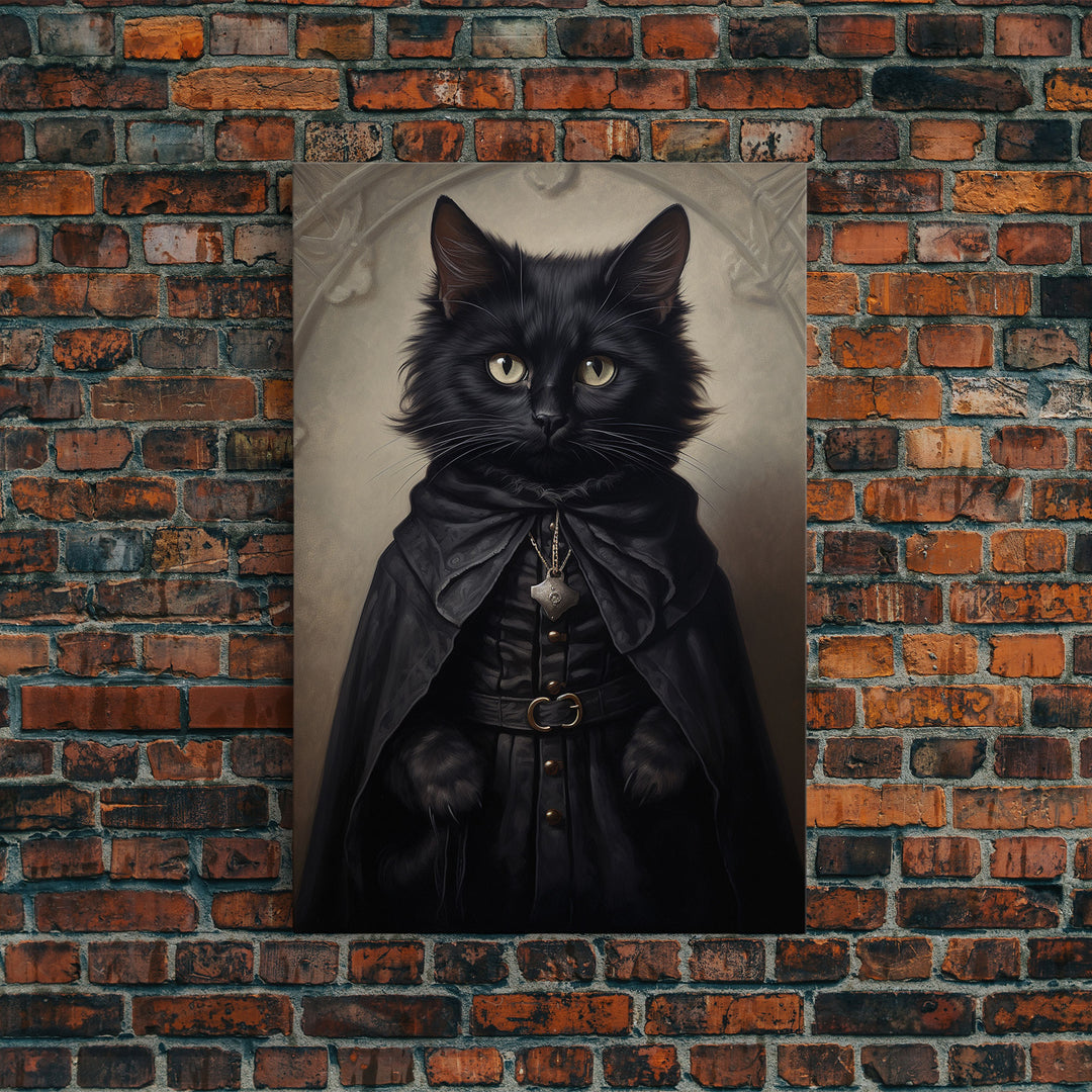 Cute Victorian Cat Portrait, Halloween Decor, Oil Painting Of A Gothic Victorian Cat, Halloween Wall Art, Framed Canvas Print