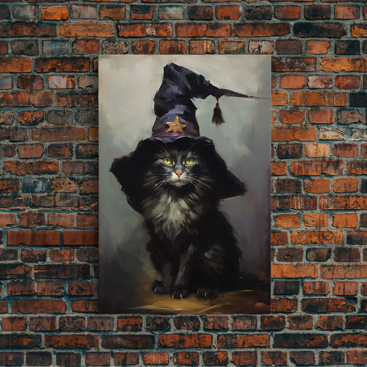 The Wizard Cat, Framed Canvas Print, Dark Academia Halloween Art, Victorian Cat Oil Painting, Goth Halloween Decor