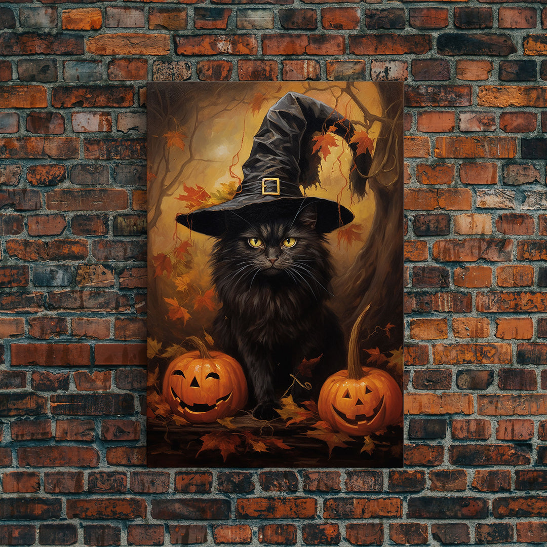 The Witch Cat With Her Jack O Lanterns, Framed Canvas Print, Dark Academia Halloween Art, Victorian Cat Oil Painting, Goth Halloween Decor