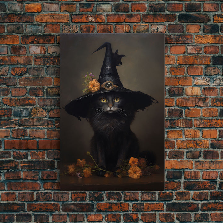 The Witch Cat With A Flower In Her Cap, Framed Canvas Print, Dark Academia Halloween Art, Victorian Cat Oil Painting, Goth Halloween Decor