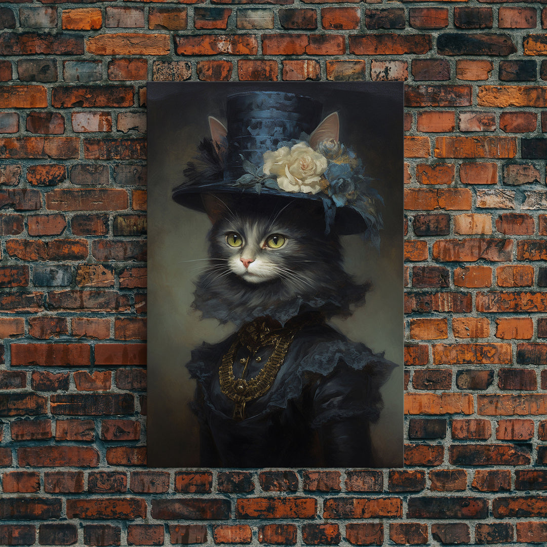 Victorian Cat Portrait, Framed Canvas Print, Oil Painting, Halloween Decor, Cute Halloween Wall Art, Funny Halloween Decor