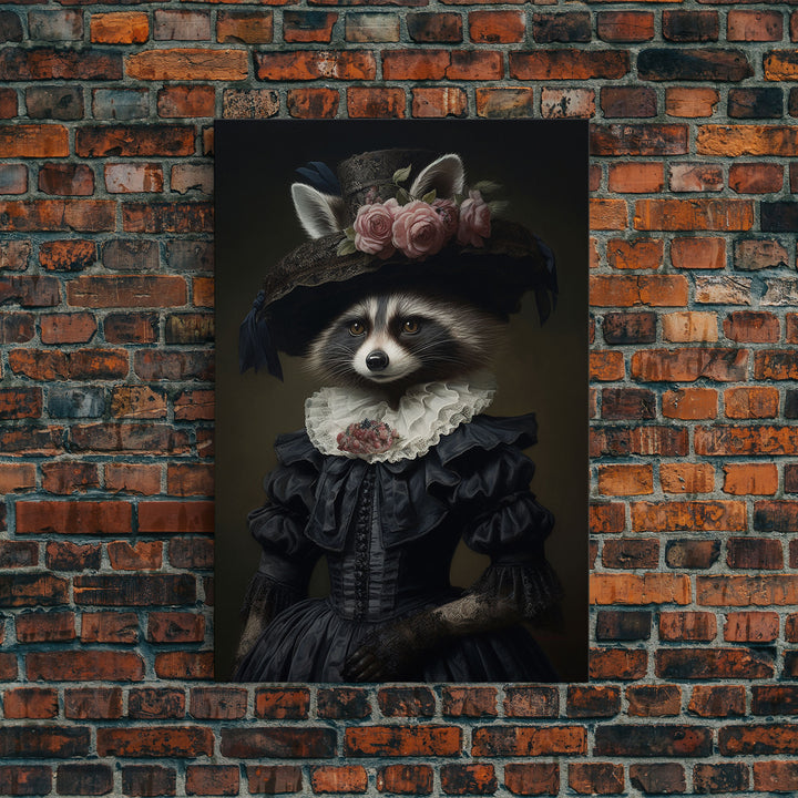 Fancy Victorian Lady Racoon, Framed Canvas Print Or Canvas, Victorian Animal Print Oil Painting, Funny Halloween Decor