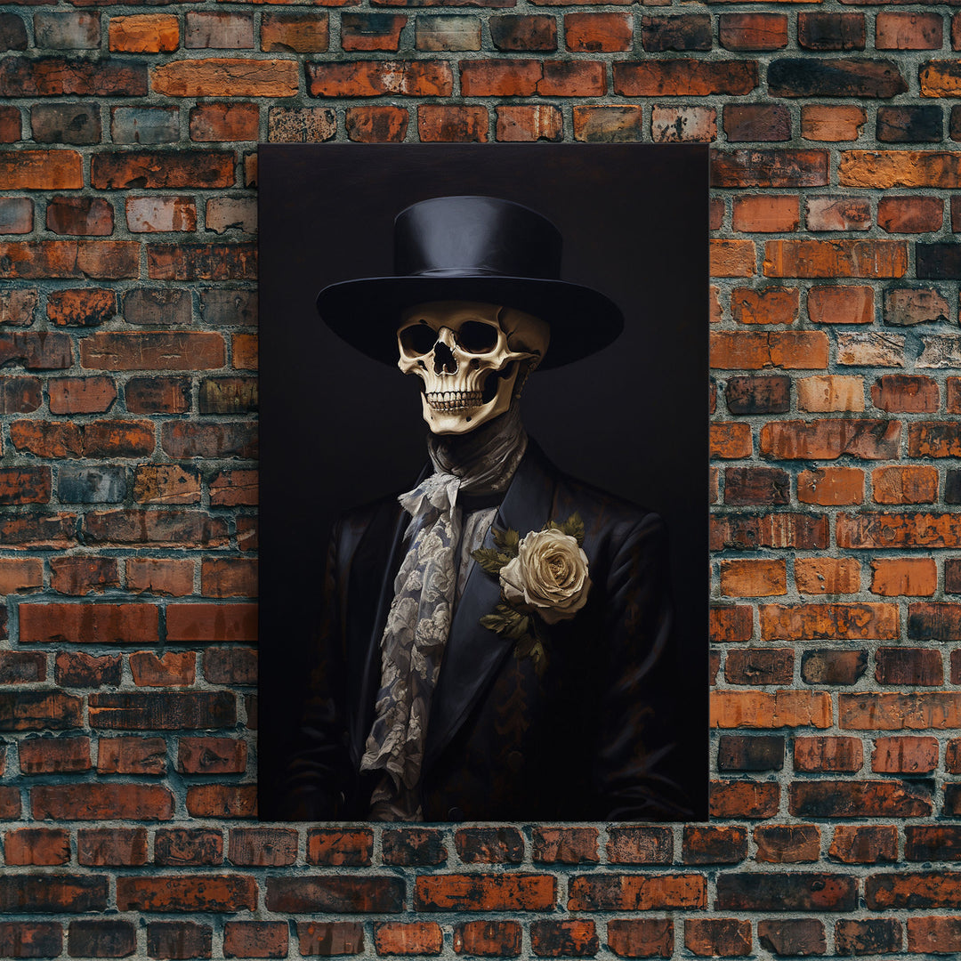 The Dapper Skeleton, Spooky Halloween Wall Art, Canvas Print, Framed Halloween Canvas Print, Dark Academia, Goth Art