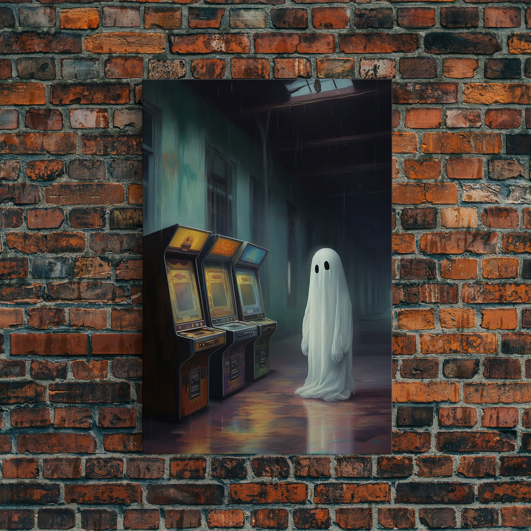 Ghost in an Abandoned Arcade, Nostalgia Canvas, Art Canvas Print, Dark Academia, Gothic Retro, Game Room Art, Halloween Decoration