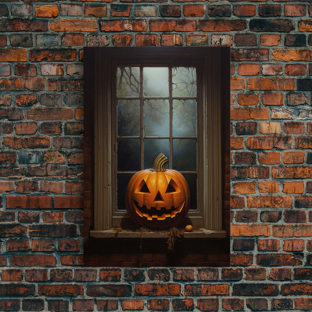 Spooky Jack O' Lantern In A Window Sill, Framed Canvas Print, Halloween Canvas, Halloween Art, Dark Academia, Art Canvas Print