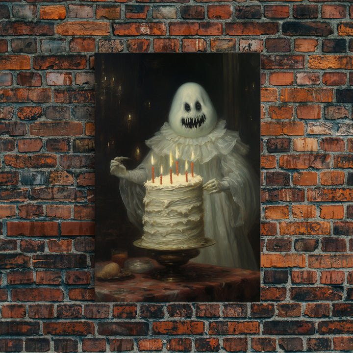 The Ghost And The Cake, Funny Halloween Art, Framed Canvas Print