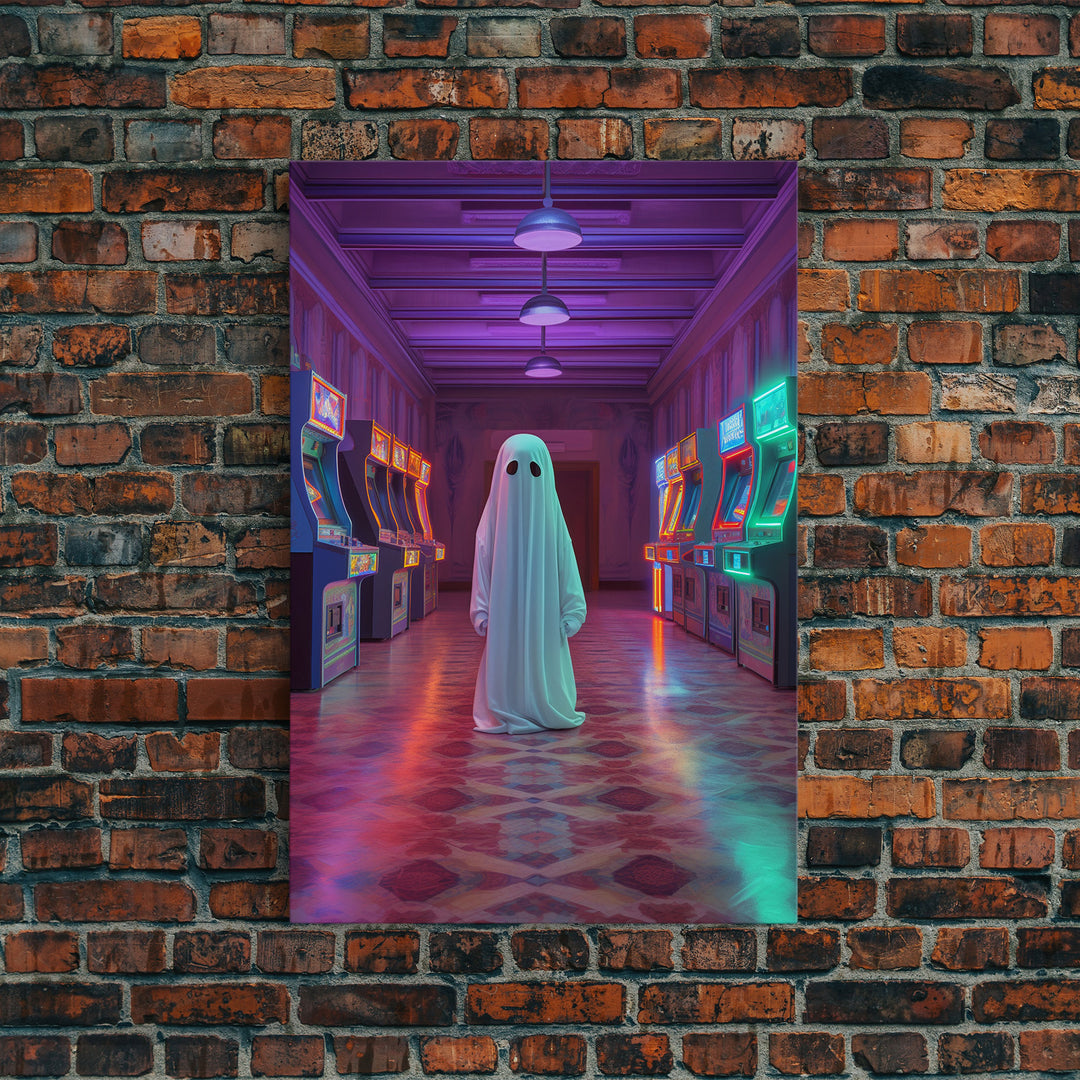 The Phantom Of The Arcade, Framed Canvas Print, Retro Vaporwave Halloween Mashup Art, Halloween Canvas Prints