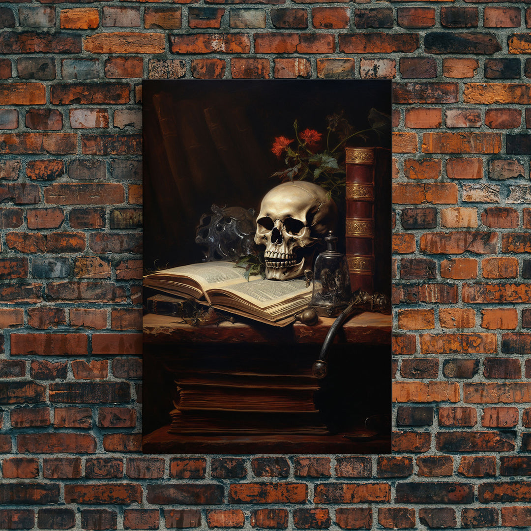 Victorian Book Shelf With Skull, Vintage Canvas, Art Canvas Print, Dark Academia, Gothic Victorian, Reading Gifts, Halloween Decoration