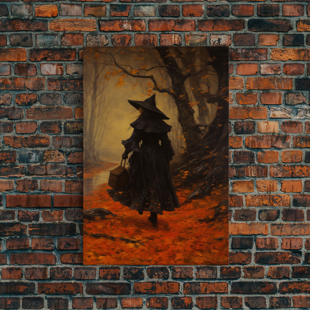 The Witch, Witch Decor, Halloween Witch, Framed Canvas, Retro Hallowen Wall Art, Halloween Canvas, Witch Painting, Fall Decor, Fall Leaves