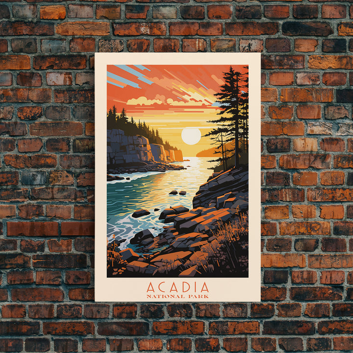 Acadia National Park, Framed Wall Art Canvas Print, Travel Poster, Travel Art, Roadtrip Decor, Cool Wall Art, Retro State Park Art