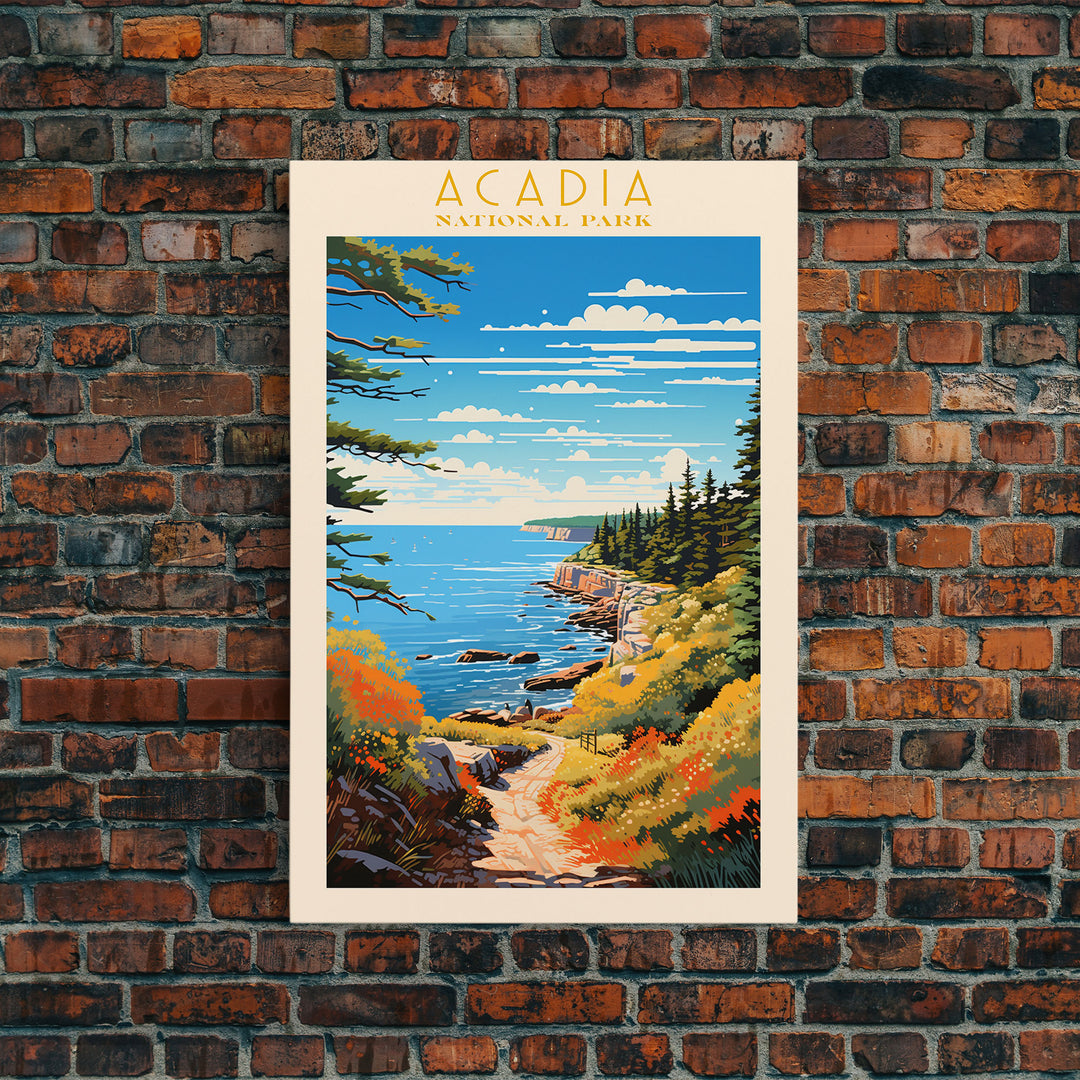 Acadia National Park Maine Travel Art, National Park Print, Minimalist Travel Art, Midcentury Modern Style Landscape Painting