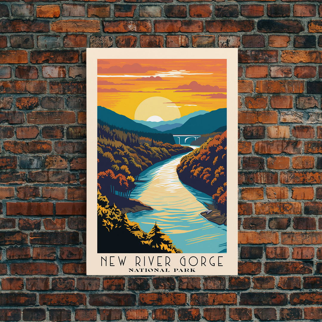 New River Gorge National Park Travel Art, National Park Print, Minimalist Travel Art, Midcentury Modern Style Landscape Painting