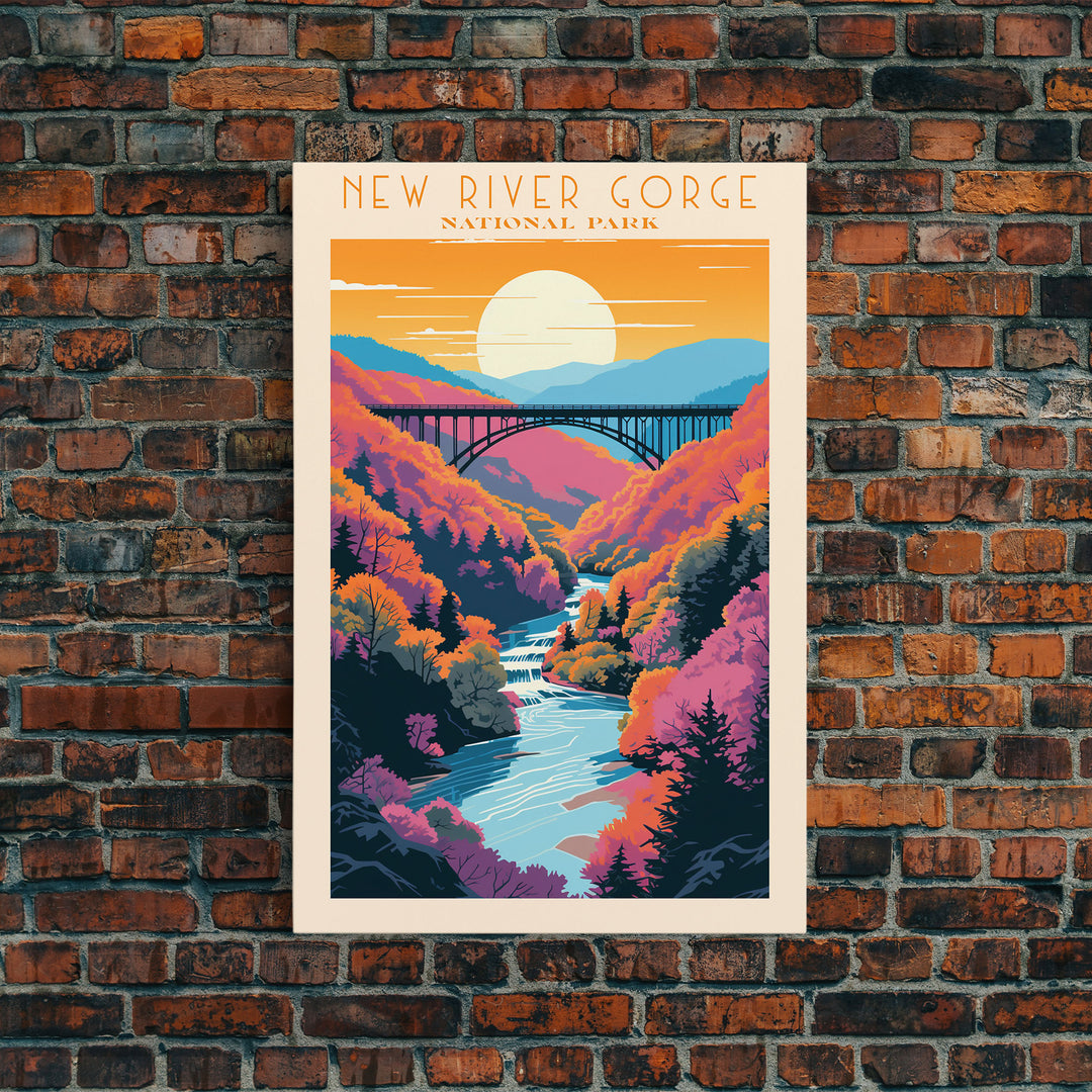 New River Gorge National Park, West Virginia Travel Art, National Park Print, Minimalist Travel Art, Midcentury Modern Retro Style Landscape