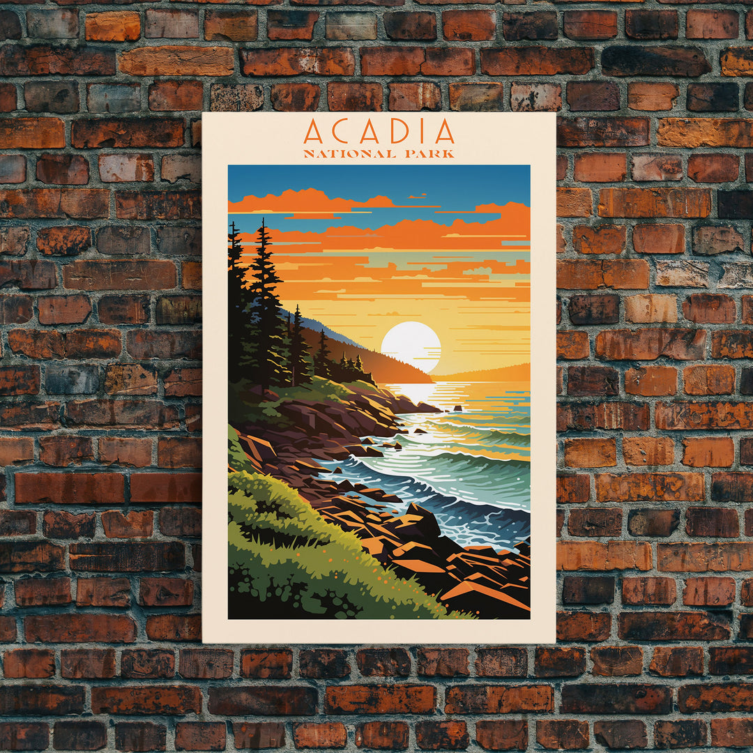 Acadia National Park, Framed Wall Art Canvas Print, Travel Poster, Travel Art, Roadtrip Decor, Cool Wall Art, Retro State Park Art, Pop Art