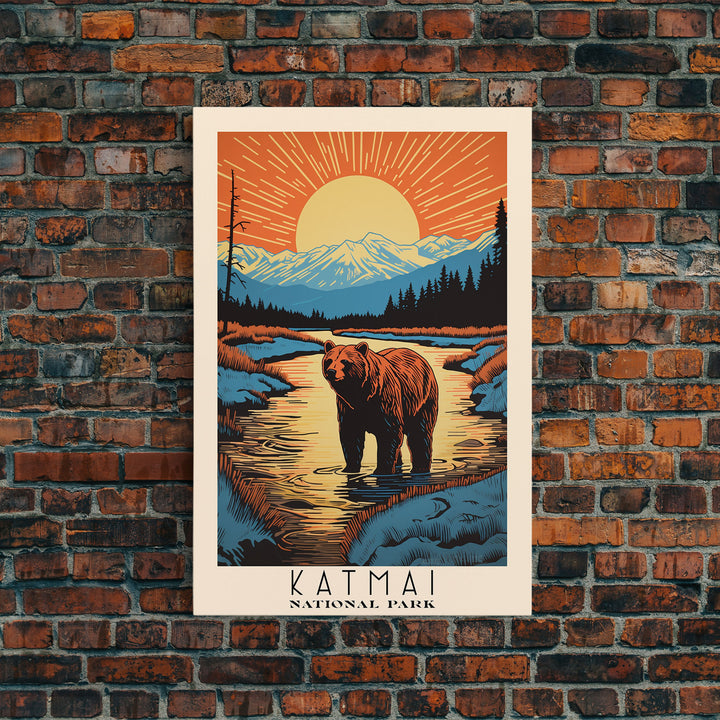 Katmai National Park, Alaska Travel Art, National Park Print, Minimalist Travel Art, Midcentury Modern Retro Style Landscape