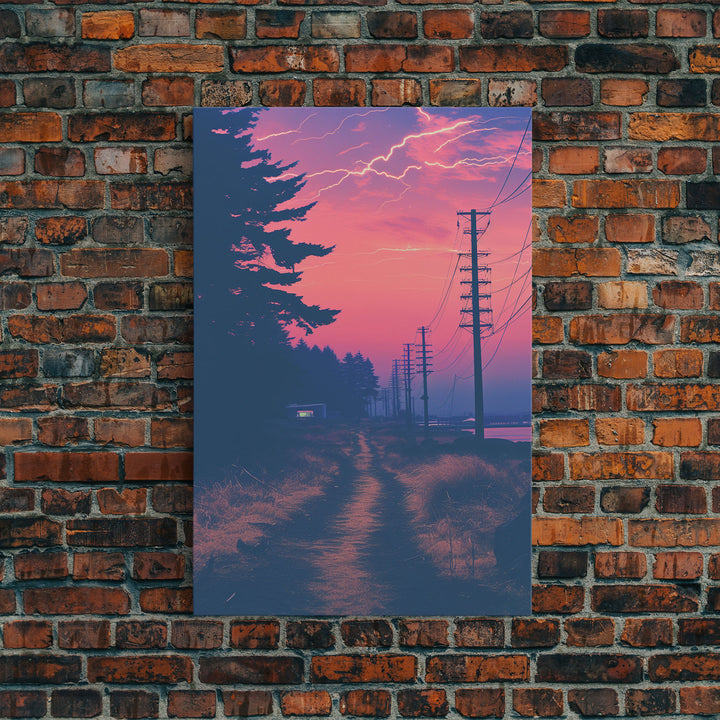 Lightning At Sunset, Framed Canvas Print, Vaporwave Aesthetic Wall Art, Liminal Spaces Photography Print, Dorm Room Decor, Retro Art