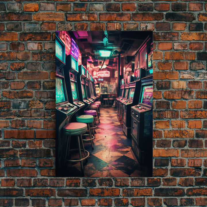 An Abandoned Game Room, Framed Canvas Print, Vaporwave Photography Fine Art Print, Aesthetic Decor, Colorful Art, Arcade Room Art