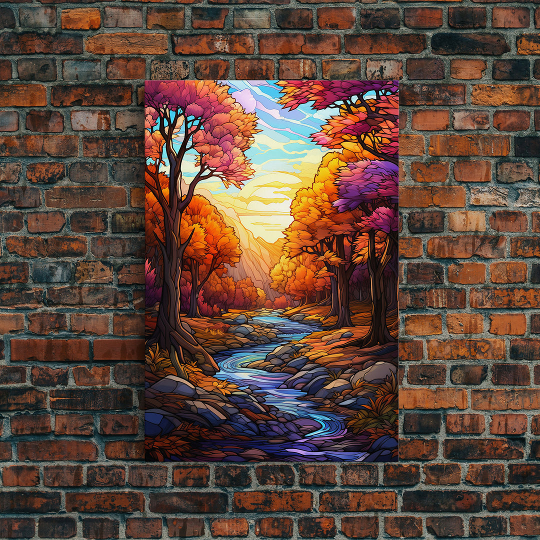 Beautiful Fall Decor, Framed Canvas Print, Mosaic / Stained Glass Style Painting, Gliclee Print, Autumn Decor, Thanksgiving Decorations