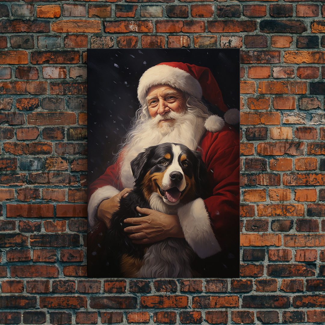 Santa Claus and his Bernese Mountain Dog, Cute Dog Art, Framed Canvas Print, Christmas Art, Christmas Decor, Christmas Art Print, Cute Dog