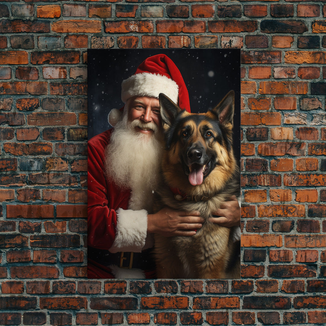 Santa Holding A German Shepherd, Framed Canvas Print, Christmas Wall Art, Xmas Art, Christmas Art Print, Santa Decor, Farmhouse Christmas