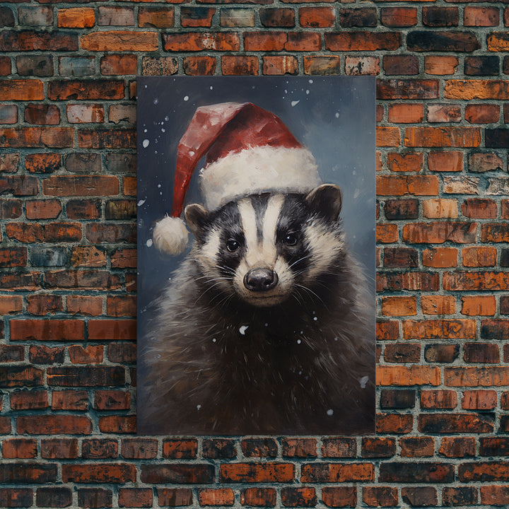 Cute Christmas Badger In A Santa Hat, Framed Canvas Print, Christmas Art, Christmas Decor, Christmas Art Print, Christmas Wall Art